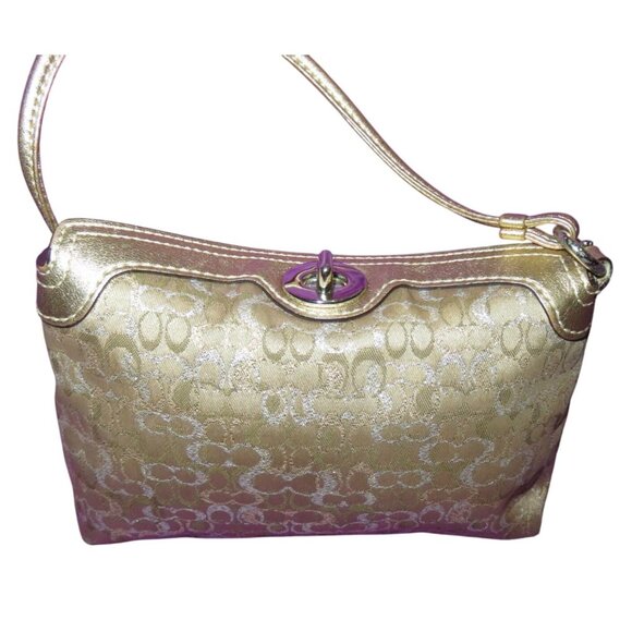 Coach metallic gold and silver Jacquard Turn lock Lurex wristlet lilac interior - Picture 1 of 12